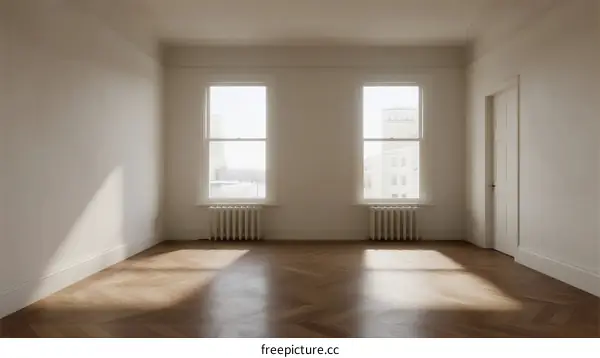 Empty room with two windows and wooden floor