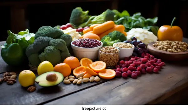 A variety of fruits and vegetables are arranged on a wooden table.