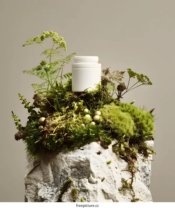 White Jar On Rock With Green Plants And Golden Balls