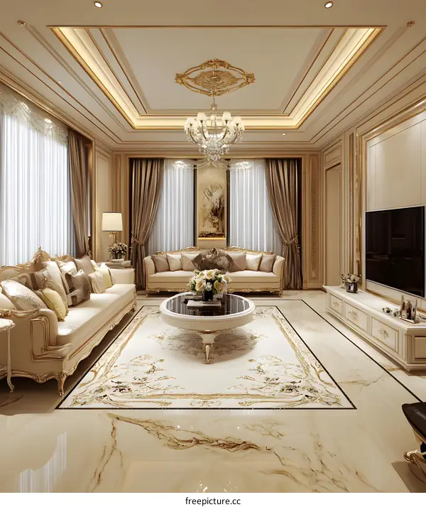 Luxury Living Room Interior Design With Ornate Ceiling and White Sofa