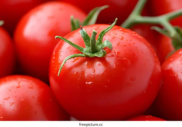 Close Up Fresh Red Tomatoes With Water Drops