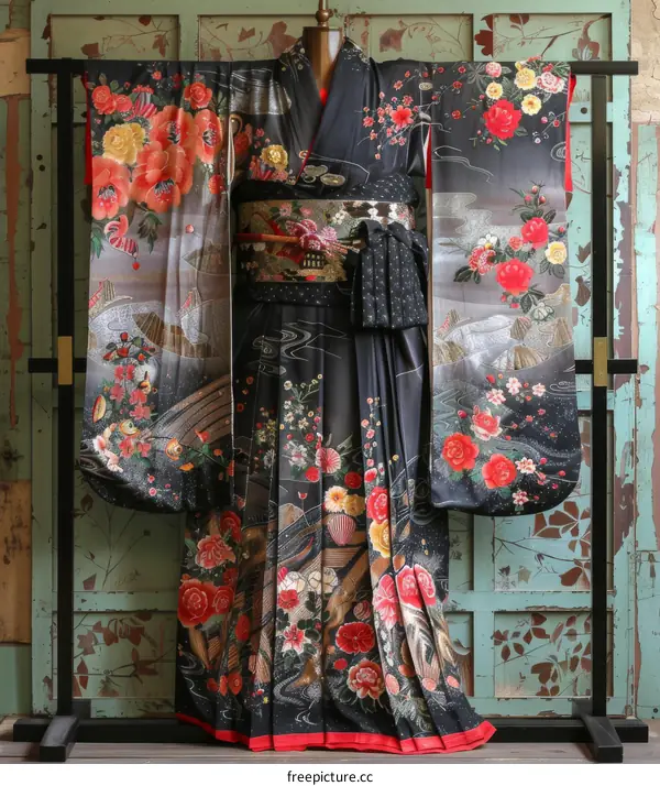 A kimono with a floral pattern and a red obi.