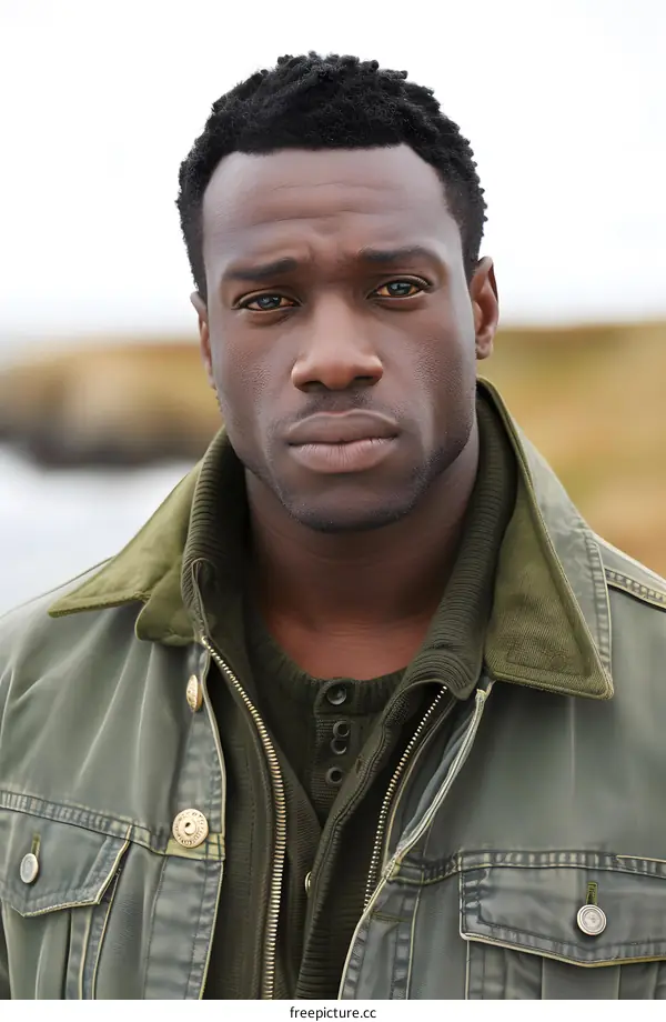 Portrait of a Serious Black Man in a Green Jacket