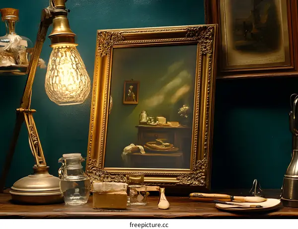 Golden Framed Painting Still Life with Lamp and Jars