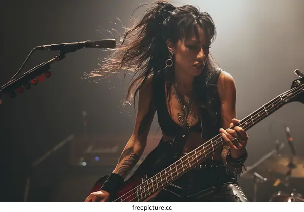 A woman playing bass guitar on stage