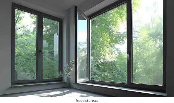 Modern Corner Window with Green Trees Outside