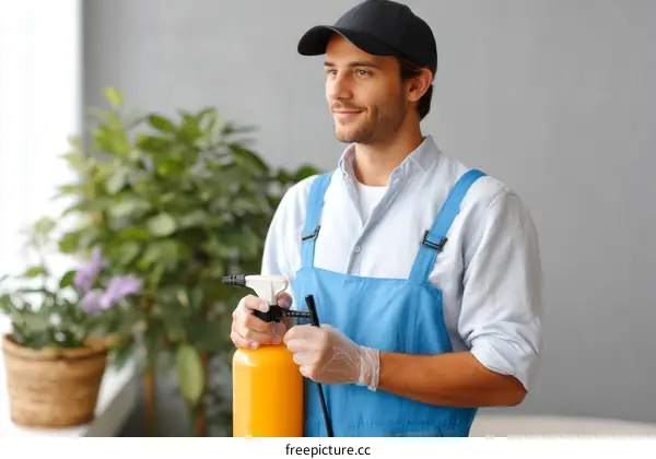 Gardener Applying Pesticide to Plants Indoor