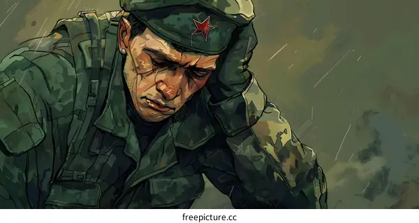 A soldier wearing a green military uniform and a red beret is looking down with a sad expression on his face.