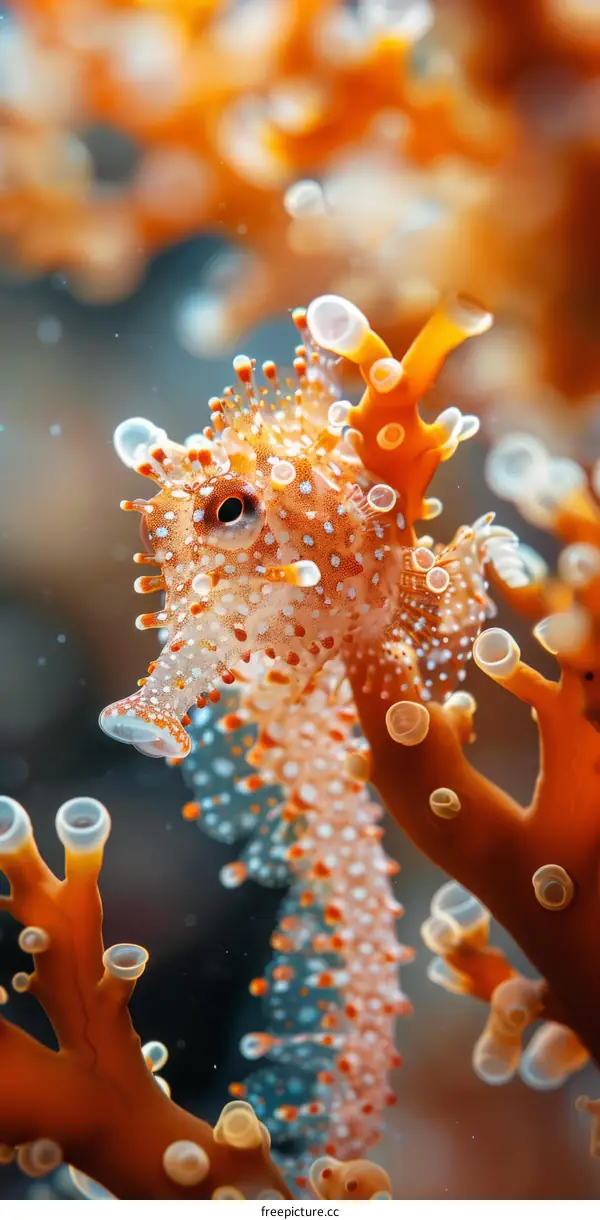 Orange pygmy seahorse on a coral reef