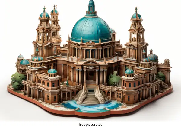 3D illustration of a classical European style architecture with blue dome