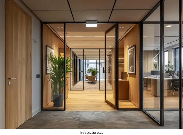 Office interior with glass walls and wooden doors