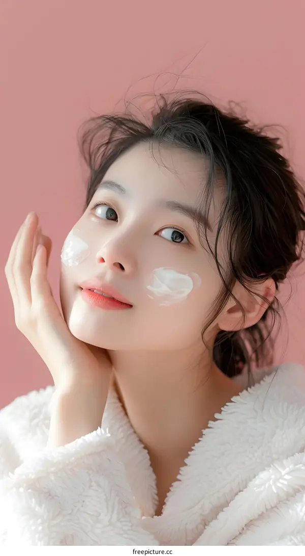 Young Asian Woman Applying Facial Moisturizer Cream