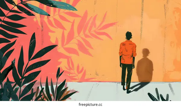 Man Standing in Front of a Wall with Tropical Plants and His Shadow