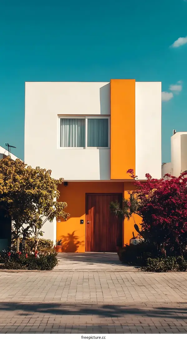 Modern Minimalist House with Orange Accent Wall and Brick Pavers