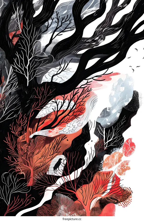 Black and Red Forest Illustration