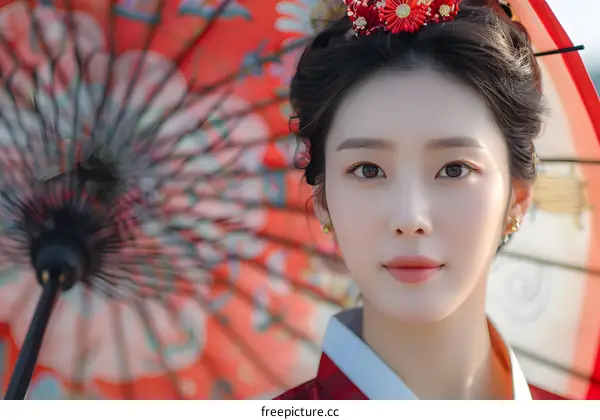 Portrait of a beautiful young Korean woman in traditional Korean dress, or hanbok, and holding a red umbrella.