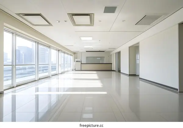 Empty Office Interior with Big Window and Tiled Floor