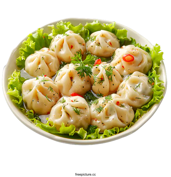 [Transparent Background PNG]dumplings in a bowl with lettuce