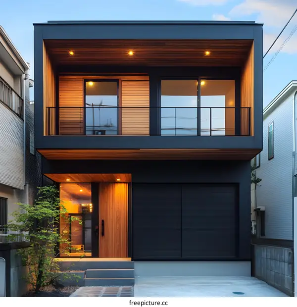 Modern Two Story Home With Wooden Accents and Black Siding
