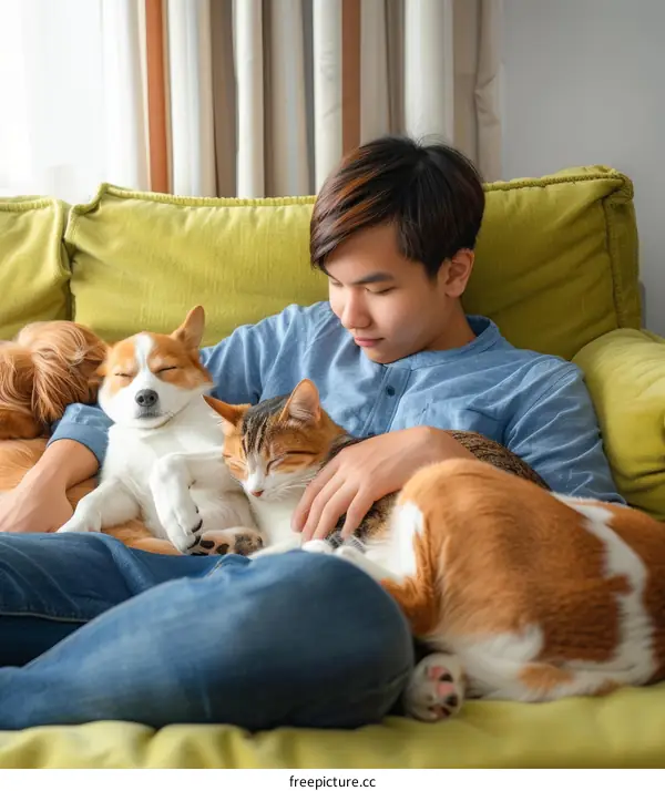 A young man is sitting on a couch with a cat and a dog sleeping on him.