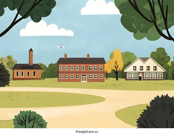 Illustration of Three Buildings on a Green Lawn