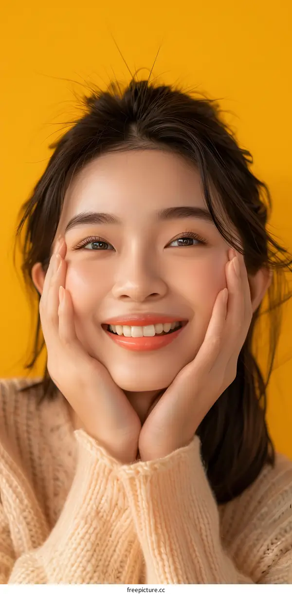 Young Asian Woman Smiling and Holding her Cheeks