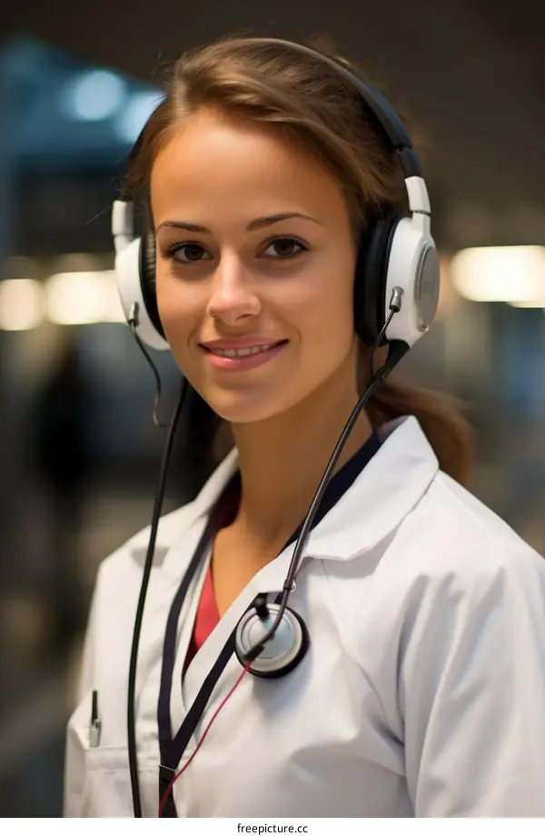 A female doctor wearing headphones smiles at the camera