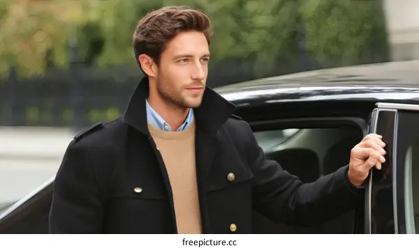 Stylish Caucasian Man Getting Out of a Car