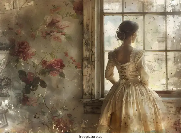 A young woman in a white dress is standing in front of a window.