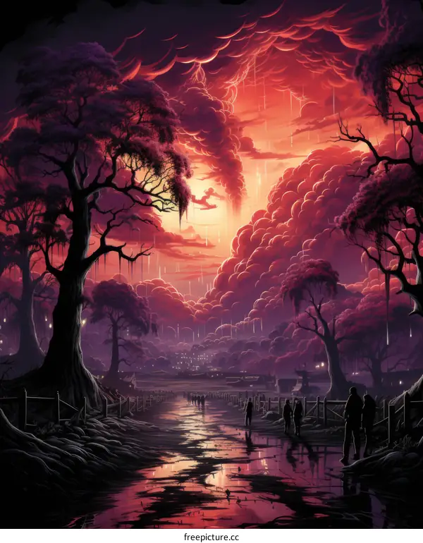 A group of people walking through a flooded forest at night