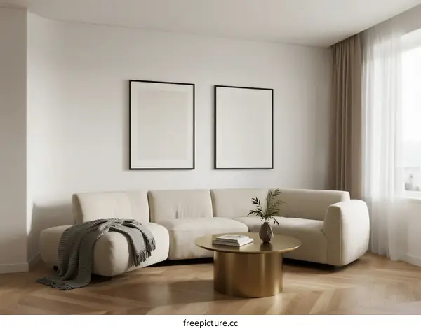 Modern living room with beige sofa and round coffee table