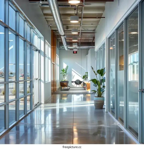Modern Office Lobby with Large Windows and Lush Plants