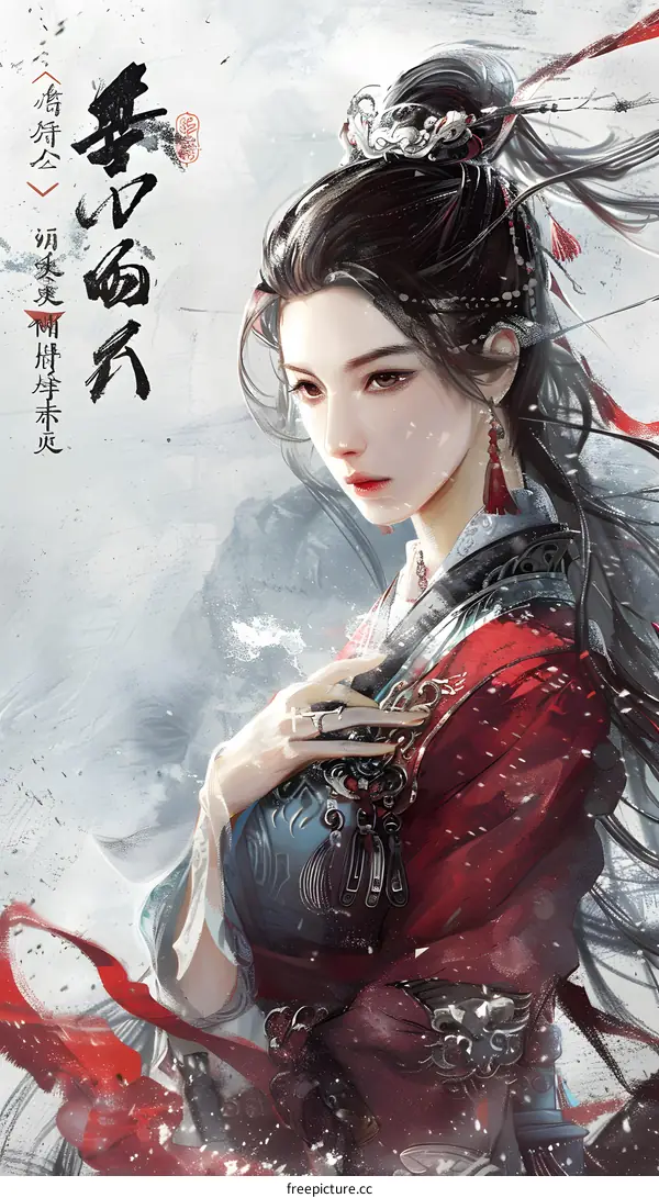 Elegant Chinese Woman in Red and Black Dress with Long Black Hair