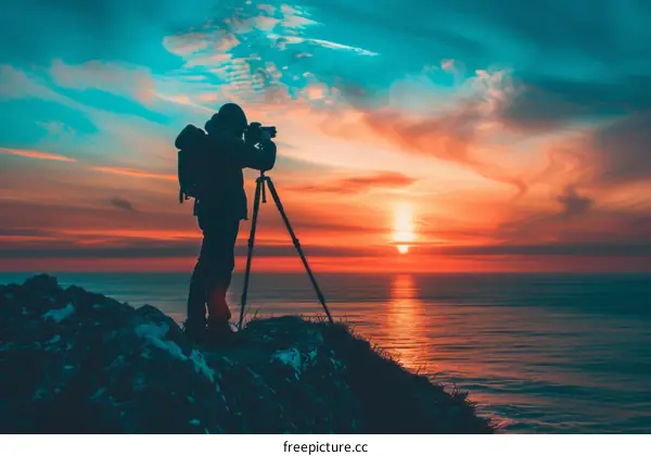 photographer taking pictures of beautiful sunset over the sea