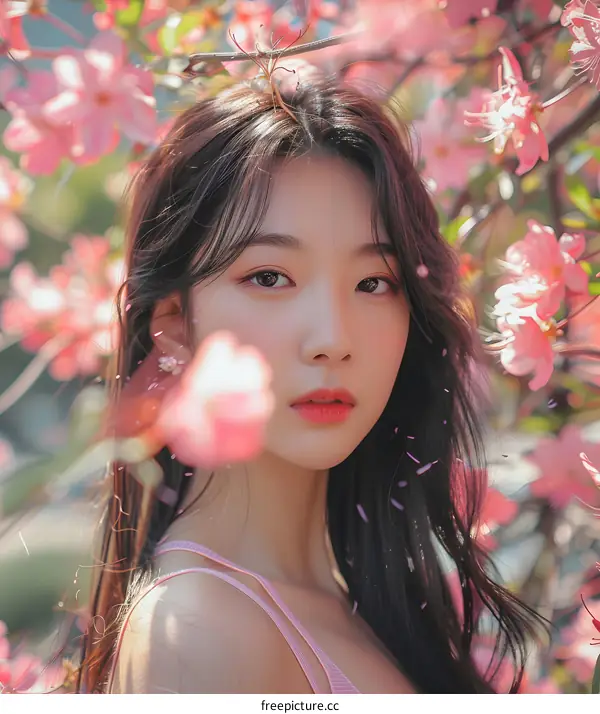 Beautiful Asian Woman Surrounded by Pink Flowers
