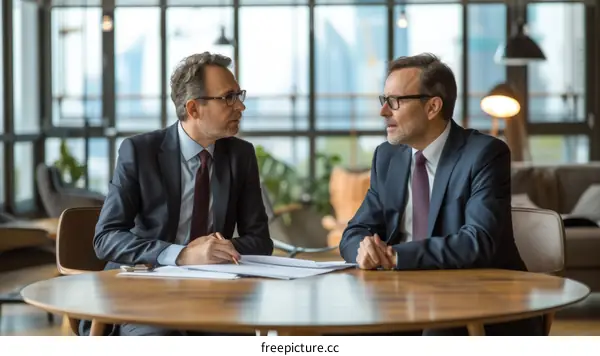 Two businessmen in suits having a meeting in an office