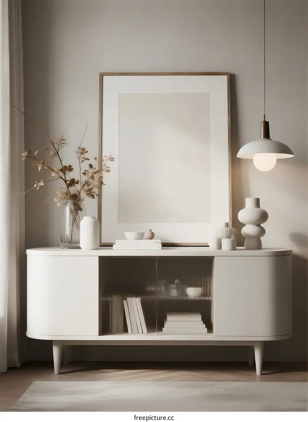 Minimalist White Cabinet with Decorative Elements in Living Room