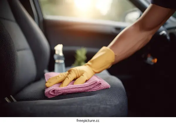 Car Interior Cleaning Detailing with Pink Cloth