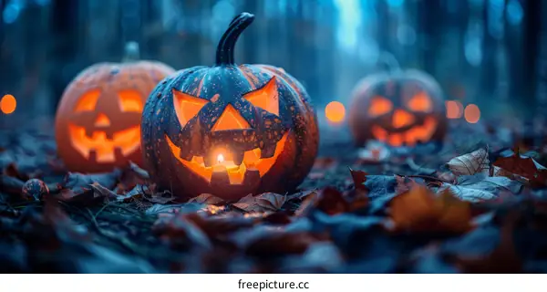 Spooky Halloween pumpkins in a dark forest