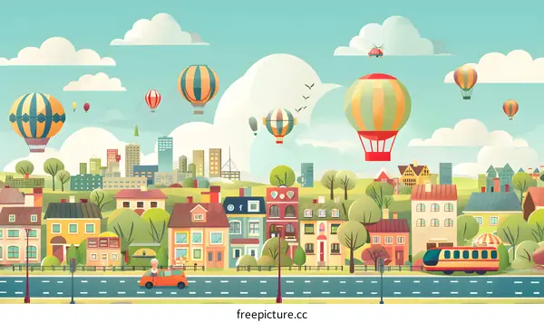 Cartoon Illustration of City with Hot Air Balloons