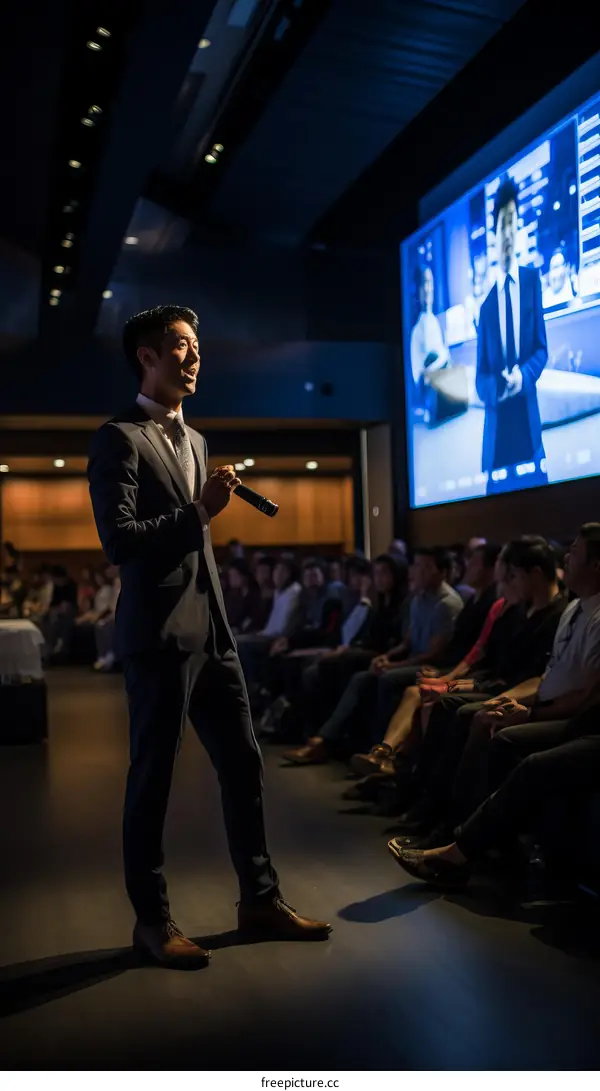 Asian man giving a presentation in a large room