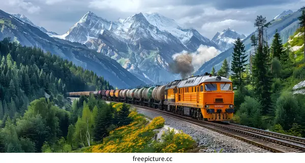 A freight train passing through a mountain valley