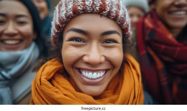 A young woman wearing a brown and white beanie smiles in front of a crowd of people