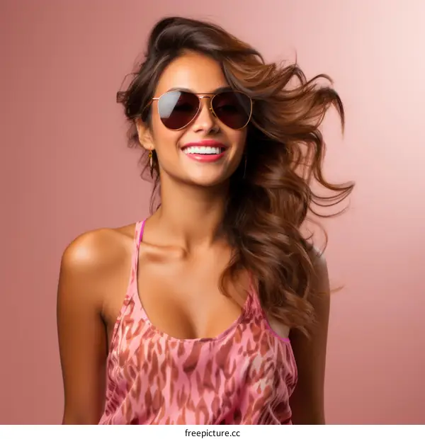 Smiling woman with sunglasses and wavy brown hair