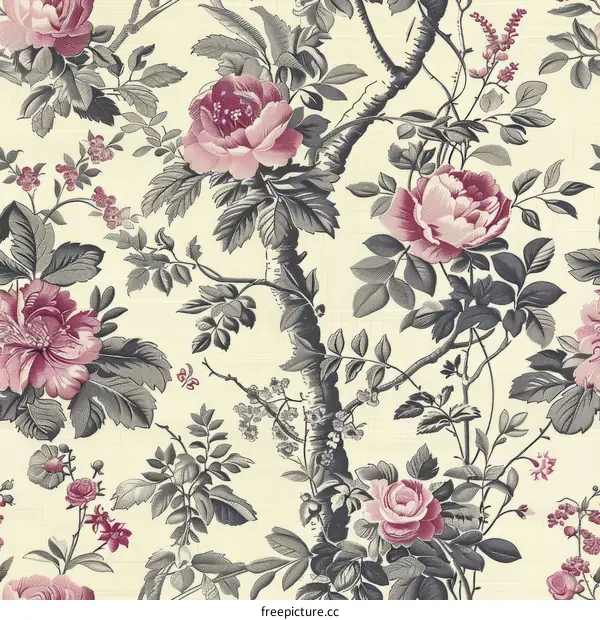 Vintage Pink Roses and Gray Leaves Floral Pattern