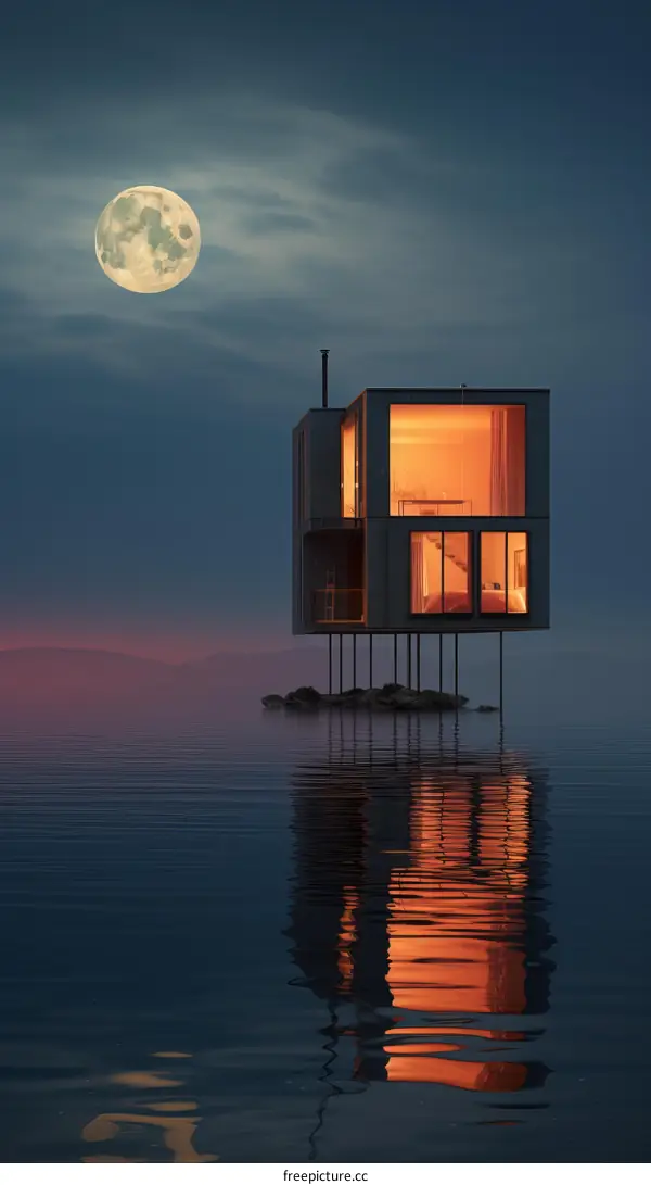 Stilt house on lake at night with moon