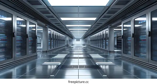 Futuristic server room with supercomputers