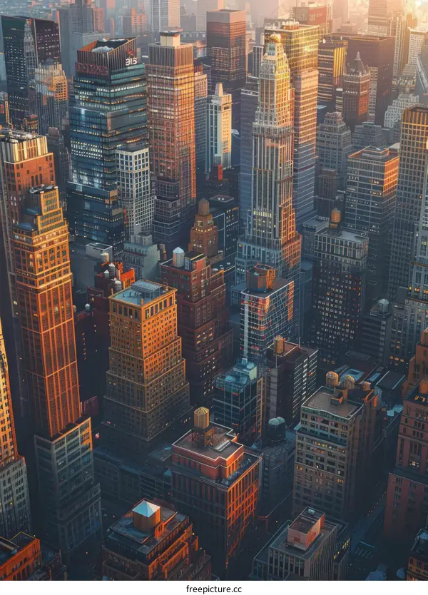 Aerial View of Cityscape with Skyscrapers at Sunset