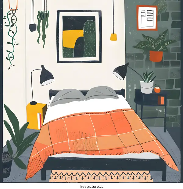 Modern Bedroom Illustration with Plants and Bed