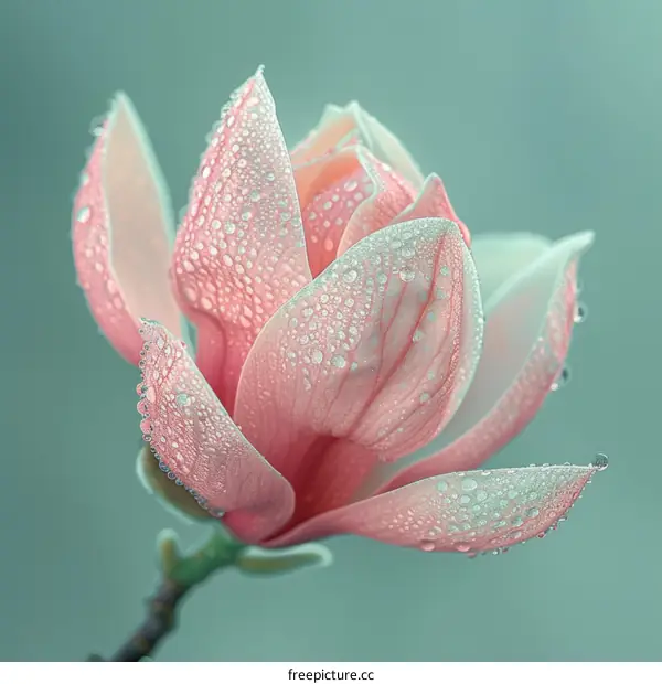 A beautiful pink magnolia flower with water drops on its petals.